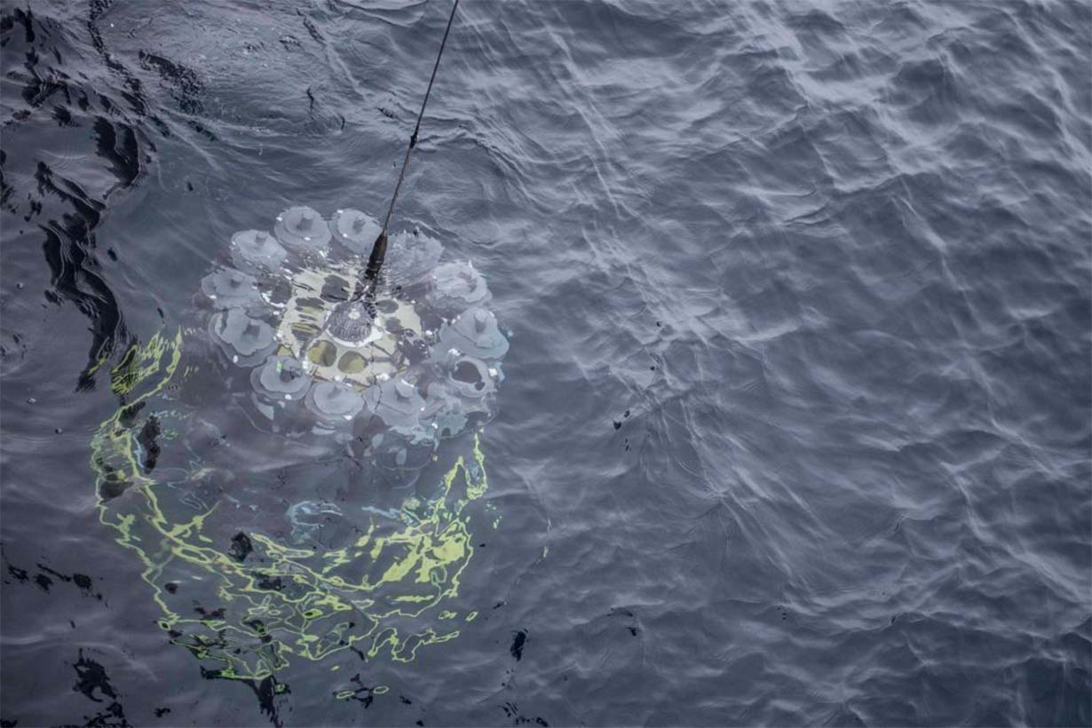 The typical CTD rosette package collects seawater samples for shipboard analyses and in-situ oxygen, fluorescence, and salinity using mounted sensors (photo: Cory J. Mendenhall)