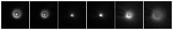 Several images (independently scaled) representing the three-dimensional point spread function of the microscope. 