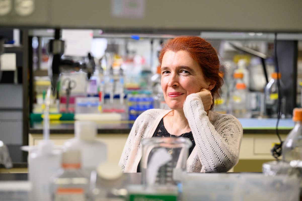 A woman in a laboratory setting, holding a cell phone while engaged in scientific work.